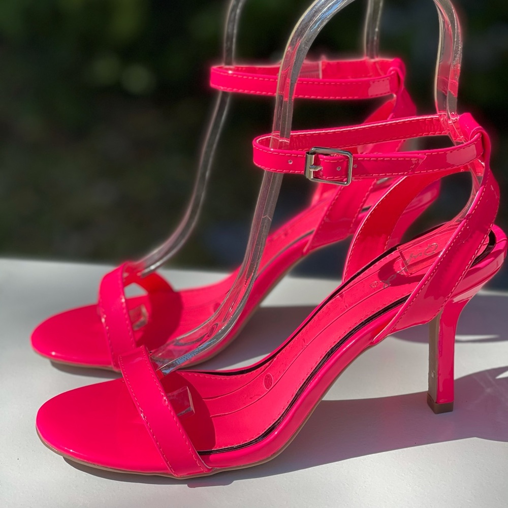 Qupid Neon Pink 3.5” Open Toe Party Heel Sandals